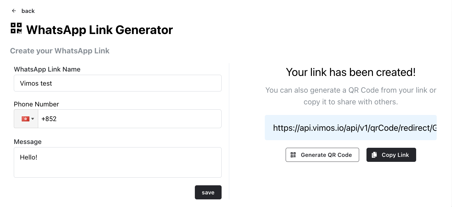 vimos generate link whatsapp
